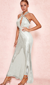 ELSA CRYSTAL EMBELLISHED SEQUIN MAXI DRESS IN WHITE