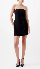 Double Breasted Strapless Twill Mini dress in black