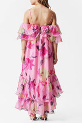 hedwig off-shoulder floral printed ruffle maxi dress in rose red