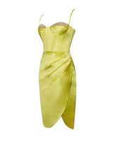 Lemon yellow pleated satin mini Dress