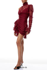 joanne Asymmetrical Ruffled Tulle Mini dress in Burgundy