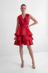 jessica Red V-neck Tiered Ruffle Mini Dress