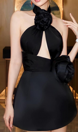 BLACK HALTER SATIN CUTOUT FLOWER DRESS