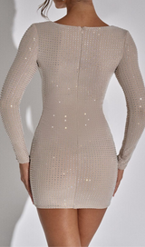 SEQUIN LONG SLEEVE MINI DRESS IN NUDE