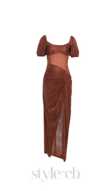 PUFF SLEEVE TWIST FRONT SPLIT THIGH DRESS