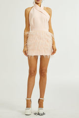 tara feather-detail tassel halter backless dress in pink