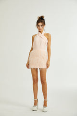 tara feather-detail tassel halter backless dress in pink