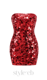SEQUIN STRAPLESS MINI RED DRESS