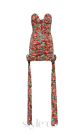 STRAPLESS CUTOUT DRAPED FLORAL DRESS