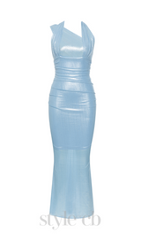BACKLESS MERMAID HEM METALLIC HALTER DRESS