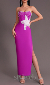 PURPLE BEADED STRAPLESS SIDE SLIT BANDAGE DRESS