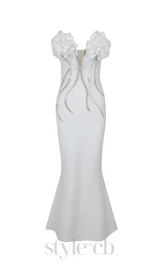 OFF SHOULDER FLOWER EMBELLISHED BODYCON GOWN