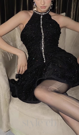 AMENAE EMBELLISHED RUCHED MINI DRESS IN BLACK