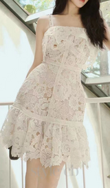 WHITE SPAGHETTI STRAP LACE MINI A-LINE DRESS