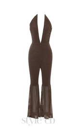 HALTER NECK BACKLESS FLARE LEG JUMPSUIT IN BROWN