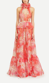 ORANGE FLORAL PRINTED SHEEVELESS HALTER MAXI DRESS