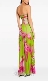 STRAPLESS SILK MAXI DRESS IN LIME ANTHURIUM