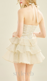 HALTER RUFFLE TRIM  MINI DRESS IN APRICOT