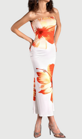 SARRIDES STRAPLESS PRINT MIDI DRESS