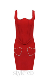 CRYSTAL HEART CORSET TWO PIECE DRESS IN RED