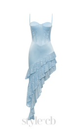 STRAP MIDI DRESS WITH RUFFLED HEMLINE IN BLUE