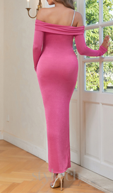 OFF SHOULDER RUCHED SPLIT THIGH DRESS IN PINK