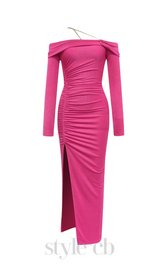 OFF SHOULDER RUCHED SPLIT THIGH DRESS IN PINK