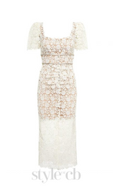 EMBELLISHED GUIPURE LACE MIDI DRESS IN WHITE