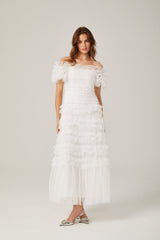 joyce ruffled tulle tiered strapless midi dress in white