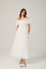 joyce ruffled tulle tiered strapless midi dress in white