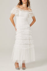 joyce ruffled tulle tiered strapless midi dress in white