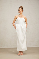 josephine bow satin strapless maxi dress in white