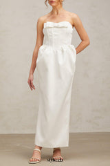 josephine bow satin strapless maxi dress in white