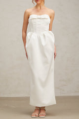 josephine bow satin strapless maxi dress in white