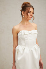 josephine bow satin strapless maxi dress in white