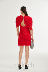CLARABELLE RUCHED DRAPED MINI DRESS IN RED