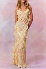 wendy ruffle trim Floral Chiffon Maxi Dress in yellow