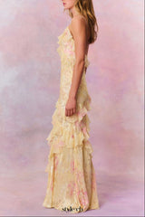 wendy ruffle trim Floral Chiffon Maxi Dress in yellow