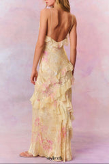 wendy ruffle trim Floral Chiffon Maxi Dress in yellow