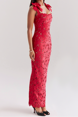 hermosa Bow Strap Embroidered Lace Maxi Dress in red