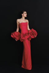 red strapless maxi dress with flower embellishments