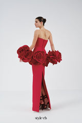 red strapless maxi dress with flower embellishments