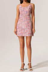 joanna Round Neck Bradde Chain Sleeveless Tweed Mini Dress