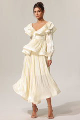 jennifer Folds V-Neck Long Sleeves Top And Skirt Two-Piece Set