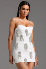 Flor Sleeveless Diamond Tassels Mini Dress in white