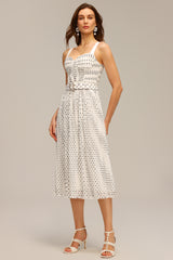 janice Halter Pearl Dot Printed Folds Midi Dress