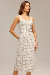 janice Halter Pearl Dot Printed Folds Midi Dress