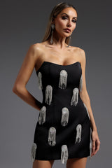 Flor Sleeveless Diamond Tassels Mini Dress in black