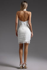 vanessa Halter Sleeveless Tassel Bandage Mini Dress in white