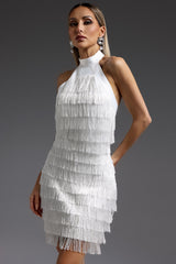 vanessa Halter Sleeveless Tassel Bandage Mini Dress in white